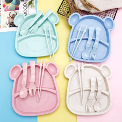 China Modern Bear Shape Wheat Straw Cartoon Plate Fork Spoon Toddler Divided Dish Set For Kids for sale