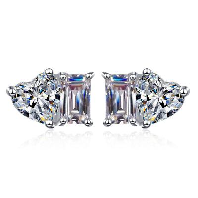 China Nickel-Free Lead-Free High Quality 925 Sterling Silver Heart Cut Baguettes Moissanite Diamond Stud Earrings For Women for sale