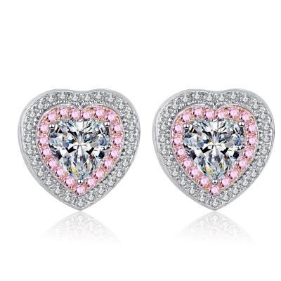 China Nickel-Free Lead-Free Good Quality 925 Sterling Silver Pink Heart Cut Moissanite Diamond Stud Earrings For Women for sale