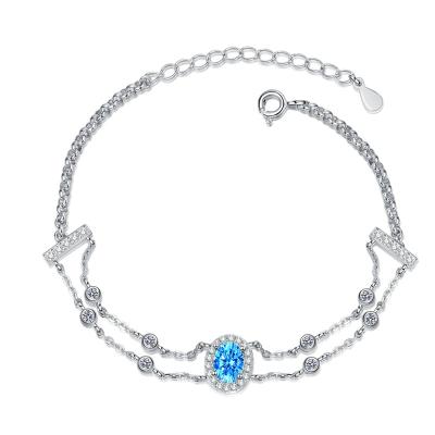 China Nickel-Free Lead-Free High Quality 925 Sterling Silver Aquamarine Oval Cut Moissanite Diamond Chain Bracelet For Women for sale