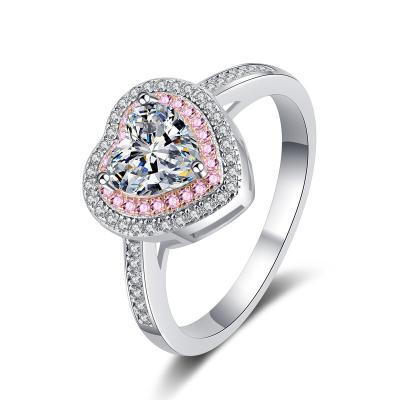 China Nickel-Free Lead-Free Luxury Engagement 925 Sterling Silver GRA Certified VVS1 1 Carat Heart PInk Halo Moissnaite Ring for sale