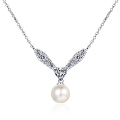 China Nickel-Free Lead-Free Trendy 925 Sterling Silver 8mm Natural Round Freshwater Pearl Moissanite Diamond Necklace for sale