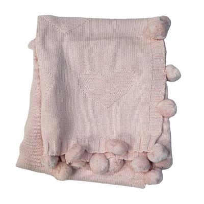 China Handmade crochet heart pattern cotton anti-pilling baby wrap blanket with pompom for girl for sale