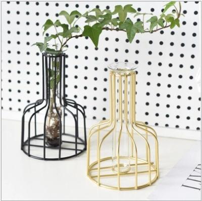 China Modern luxury hydroponic gold flower vase living room wedding table glass-metal decoration for sale