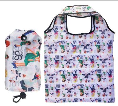 China Custom Roll Folding Up Foldable Sublimation Printing Nylon Shopping 190t Tote Bag With Snap Closure for sale