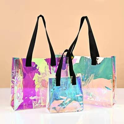 China Wholesale Beach Waterproof Lovely Candy Fashion Tote Shopping Bags Laser Handled Clear Holographic Clear Holographic Transparent Bags for sale