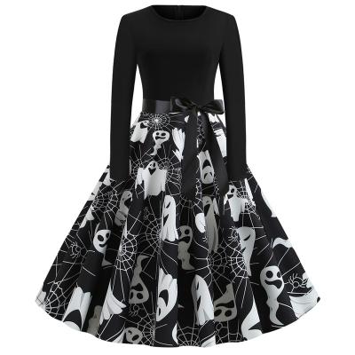 China Breathable Halloween Dress For Women Elegant Spider Print Dress O-Neck Long Sleeve Swing Dress for sale