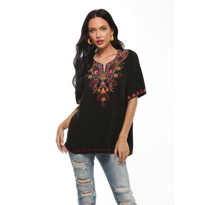 China Anti-pilling Women's Summer Boho Embroidered Shirts Short Sleeve Tops Casual Blouse for sale