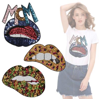 China Handmade Custom Embroidery Patch Sexy Girl Lip Embroidery Patches With Sequins For Apparel for sale