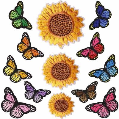 China Handmade Wholesale Iron On Sun Flower Butterfly Shape Embroidery Patch For Clothing Bag DIY for sale