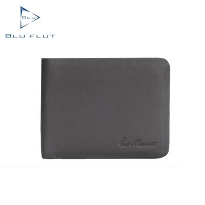 China Blu Flut anti-theft hot sale genuine leather bifold wallet for men custom emboss logo RFID card holder handmade leather wallet for sale