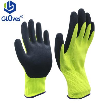 China LGSAFETY 15 Gauge Breathable Polyester Fluorescent Yellow Palm Dipped Black Nitrile Anti-Slip Matte Work Gloves for sale