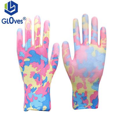 China LGSAFETY 13 Gauge Breathable Pattern Striping Palm Polyurethane Coated Yard Gardening Ladies Picking PU Safety Work Gloves for sale