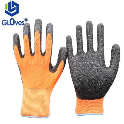 China LGSAFETY Manufacturers 13 Gauge Comfortable Polyester Orange Lined Black Latex Crinkle Safety Work Rubber Gloves for sale