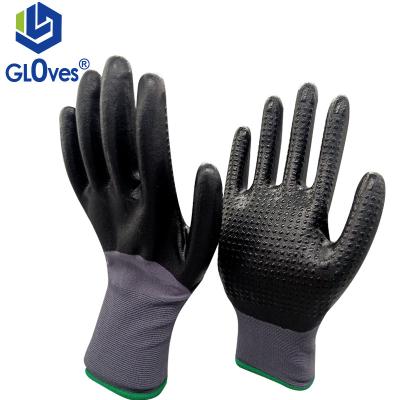 China Oil Resistant LGSAFETY 13 Gauge EN388 Palm Coated Nitrile Dot Foam Nylon Spandex Lined Safety Work Gloves for sale