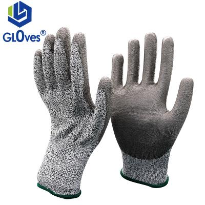 China Level 5 LGSAFETY 13 gauge polyester hppe grade 5 cut resistant gray anti cut PU coated safety work gloves CE EN388 for sale