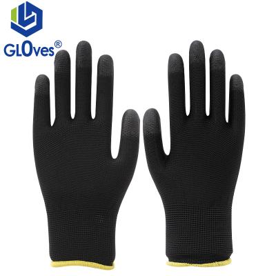 China LGSAFETY Breathable CE EN388 13 Gauge Black Polyester Finger PU Coated Work Safety Gloves for sale