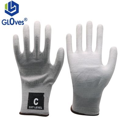 China LGSAFETY 18 gauge hppe anti static class C gray striped white PU work anti static gloves glassware gloves gloves for sale