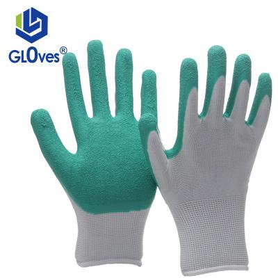 China LGSAFETY Comfortable CE Approved Polyester Gray Green Painted Palm Latex Gloves Handmade Protective Worker Gloves Safety Gloves for sale