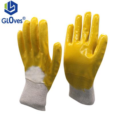 China Oil Resistant LGSAFETY Bare Mouth Wadding Knit Wrist Gloves Glossy Yellow Nitrile Gloves for sale