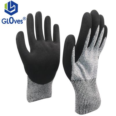 China LGSAFETY 13 Needle Protection Hemp Gray Grade 5 Nitrile Cutting Matte Coated Work Gloves Black Heavy Duty Black CE EN388 for sale