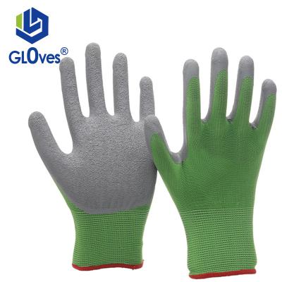 China Comfortable LGSAFETY 13gauge Green Lined Gray Latex Wrinkle Coated Palm Non-slip Fishing Gloves CE EN388 for sale