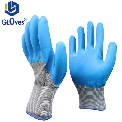 China Comfortable LGSAFETY CE Approved 13 Gauge Gray Polyester Lined Coated Blue Latex Foam Breathable Work Gloves for sale