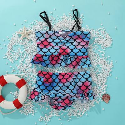 China Breathable 2 Piece Mermaid Toddler Girls Swimsuit Fish Scale Suspender Top for sale