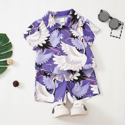 China Antique Children's Summer Clothes Boys Crane Printed Shirt Shorts Set Chinese Style Brand Style for sale