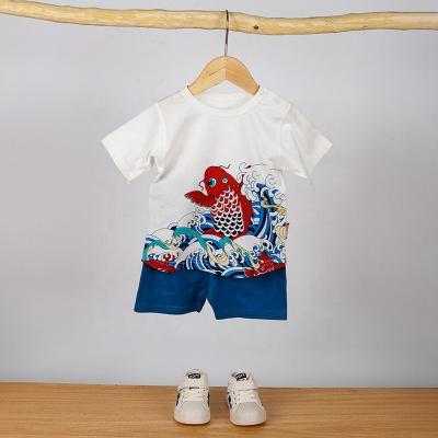 China Snap Chinese Style Round Neck Shoulder Button Summer Cotton Kids Boy Clothing Set for sale