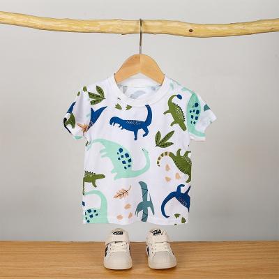 China Full Neck Dinosaur Print Polyester Kids Anti-Shrink Round Short Round Cartoon Printed T-Shirt for sale