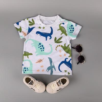 China Wholesale Baby Boy Anti-Shrink Around The Neck Dinosaur Print Kids Summer White T-Shirts for sale