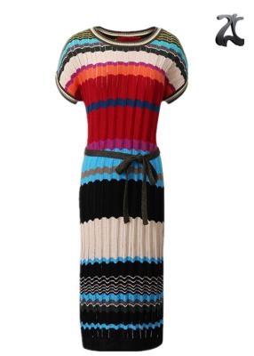 China Colorful Striped Knit Womens Long Sweater Dress Round Neck 100% Cotton XXS - XXXL Size for sale