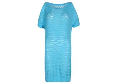 China Soft Crew Neck Womens Dress Sweater Short Sleeves , Blue Long Style Dress with Hole Design for sale