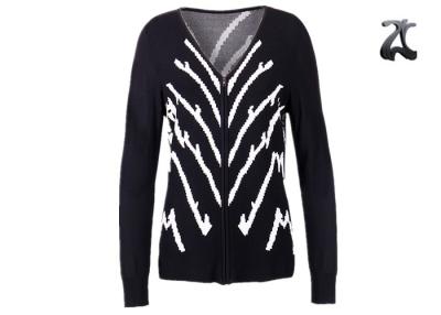 China Jacquard Knit Ladies V Neck Cardigan Sweater With Full Zipper Skin Friendly Non Wrinkle for sale