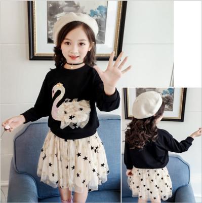 China New Design Sweet Girls' Clothes Set 2Pcs Cute Swan Printing Princess Style Girls Dress Up Shirt And Skirt Costume Long Sleeve Dress Set for sale