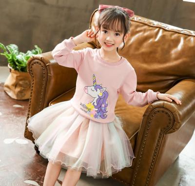 China New Kids Casual Clothes Set Top and Spring Autumn Cartoon Unicorn Pattern Skirt Set Girl's 2pcs Clothing Hoodie Set for sale