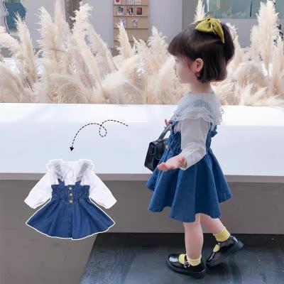 China New Style Girls Casual Dress Set 2pcs Princess Style Shirt Skirt and Jeans Suspender Costume Babies Dress Set Beautiful for sale