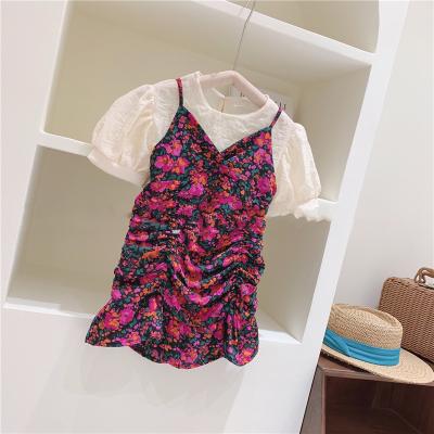 China Summer Sweet Girl's New Arrival Dress Set 2pcs Flowers Printing Suspender Dress and T-shirt Set Children's Fashion Clothing Set for sale