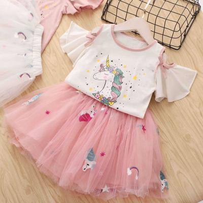 China Top and Princess Skirt Baby Clothes Unicorn Pattern Set Sweet Cute Girls Summer Girl's 2pcs Cartoon Rocket Sleeve Set for sale