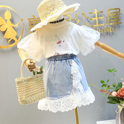 China New Casual Girl's Summer Clothing Set Shirts And Cartoon Unicorn Printing Kids Clothes Set Puff Sleeve 2pcs Lace Denim Skirt Suit for sale