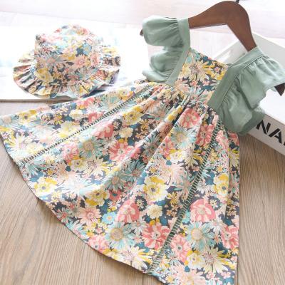 China New Arrival Summer Washable Girl's Dress Flowers Printing Suspender Dress With Hat Children's Sweet One-Piece Dress for sale