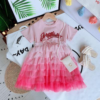 China Hot Sale Washable Girls Clothing Summer Short Sleeve Gradient Dress With Sequins Shape Kids Dress for sale