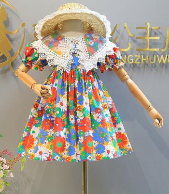 China New Arrival Washable Baby's Dress Summer Breath Sleeve Lace Up Floral Dress Children's Sweet Dress for sale