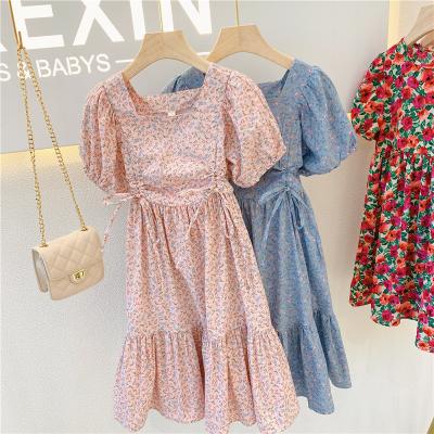 China 2021 New Fashion Girl Washable Dress Short Sleeve Drawstring Skirt Babies Floral Flowers Printing Dress for sale