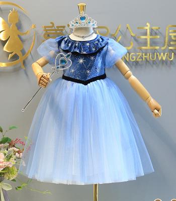 China Hot Amazon Girl Elsa Princess Mesh Dress Puff Sleeve Cos Dress Cartoon Kids One Piece Dress for sale