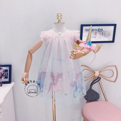 China 2021 New Design Girls Princess Dress Unicorn Printing Mesh Skirt Baby's Sleeveless Dress for sale