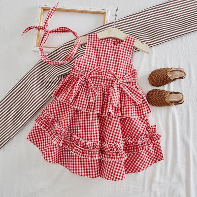 China Fashion Washable Girl's Summer Plaid Sleeveless Dress Sweet Princess Style Bowknot Skirt with Hair Clasp Babies Dresses for sale