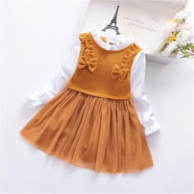 China Hot Selling Spring Girls' Spring Bowknot Skirt Baby Mesh Dress Autumn Cloth Dress Long Sleeve Washable For Kids for sale