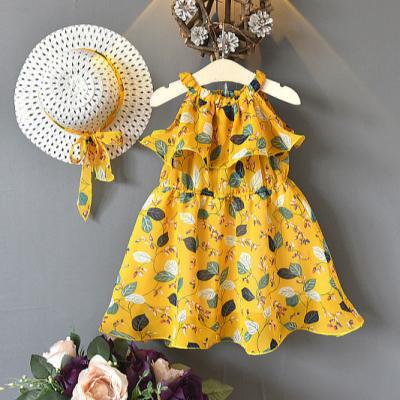 China Hot Sale Washable Girl's Summer Dress Sleeveless Chiffon Material Skirt With Hat Floral Dress Style Bohemian Baby's Dress for sale